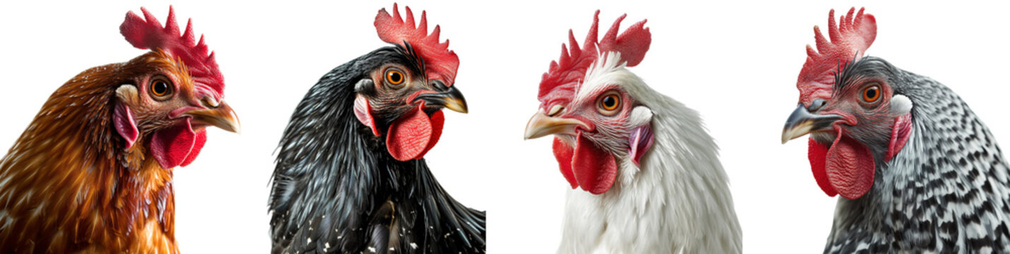 Collection of close-up rooster head portraits in different colours (brown, black, white, grey) isolated on a transparent background, chicken bundle