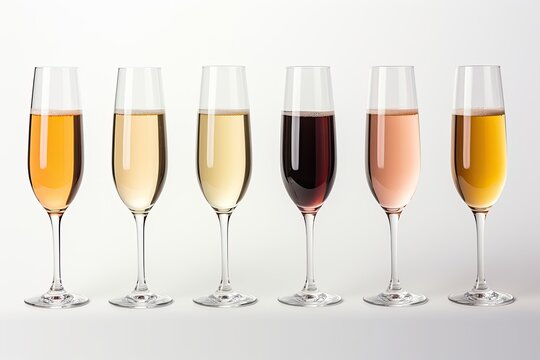Top view of modern, stylish champagne glasses on white background with sharp shadows.