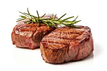 Two grilled beef fillet steaks with rosemary on white background, selective focus.