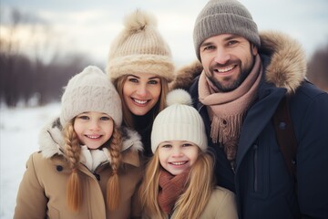 Obraz premium Cheerful Family Engaging in Winter Activities outdoors with Space for Text