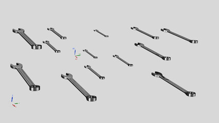 Combination open-end wrenches. Transparent background. 3D Rendering.
