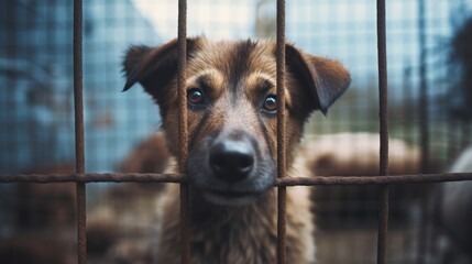 Homeless dog in animal shelter cage, abandoned and longing for a loving home