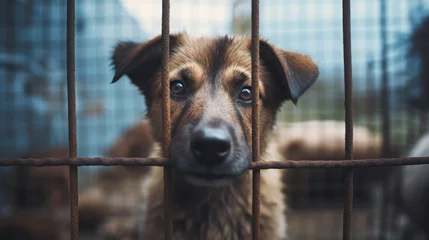 Fototapeten Homeless dog in animal shelter cage, abandoned and longing for a loving home © Kate Mova