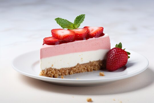 Strawberry cheesecake slice on white selective focus square image