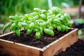 Fresh basil growing in a raised planter bed with rich soil, ideal for cooking. - obrazy, fototapety, plakaty