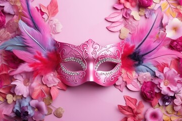 A top-down photo of a vibrant carnival mask or prop against a pink wallpaper background. Allows for design creativity.