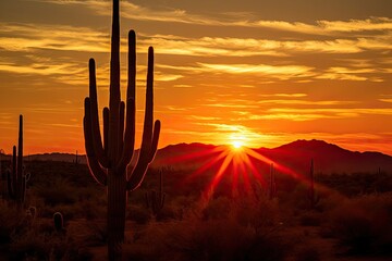 Silhouetted saguaro cactus against ocotillo-lit sunset. - obrazy, fototapety, plakaty