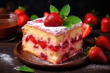 Sweet strawberry and rhubarb dessert seen up close