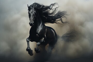 Black Andalusian horse in smoky light rearing
