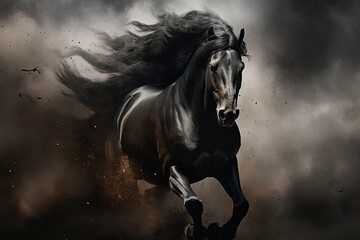 Obraz na płótnie Canvas Black horse running through dusty clouds of darkness