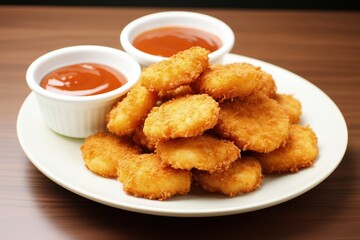 Chicken nuggets stacked on plate with sauce