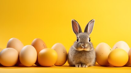 Fototapeta na wymiar Easter bunny and eggs on a yellow background. Ai generative.