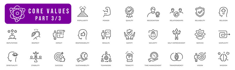 Core value line icon collection vol 3. Power, Quality, Relationships, Reliability, Respect, Responsibility, Safety, Simplicity, Stability, Success, Teamwork, Vision, Wisdom etc. - obrazy, fototapety, plakaty