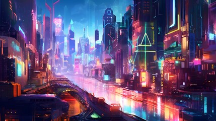 Night city panorama. Night city panoramic view. Illustration