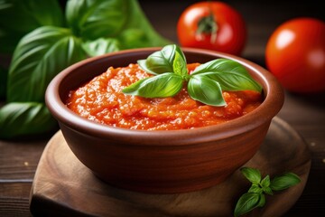 Closeup of a wooden bowl with fresh red tomato sauce and basil - obrazy, fototapety, plakaty