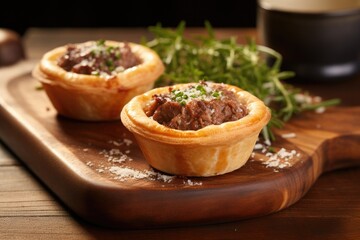 Closeup of a rustic style Australian mini meat pie on a wooden board with table background ready to eat and copy space available - Powered by Adobe