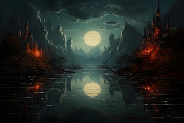 Fantasy landscape with castle, moon and water reflection. 3d illustration