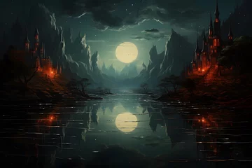 Poster Nordlichter Fantasy landscape with castle, moon and water reflection. 3d illustration