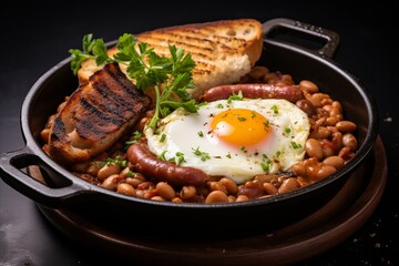 Delicious Big English Breakfast with Bacon, Eggs, Sausages, Baked Beans, and Toast
