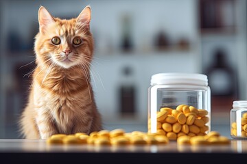 Curious orange cat investigates yellow pet vitamins resembling COVID vaccine for animals - obrazy, fototapety, plakaty