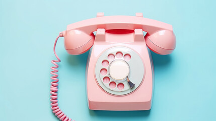 Vintage classic rotary dial pink phone. Pastel colour palette. Retro concept. Generative AI - obrazy, fototapety, plakaty