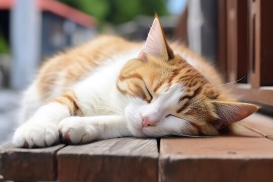 Cute brown and white street cat sleeping tiredly on a table with a selective focus