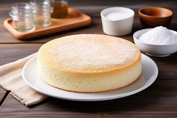 Delicious homemade round sponge or chiffon cake on a white plate made with eggs flour and milk
