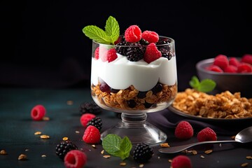 Delicious yogurt granola and berries on dark surface