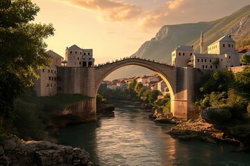 The Mostar Old Bridge, a UNESCO site, spans the Neretva River in Bosnia and Herzegovina, a symbol of cultural heritage and historical significance.