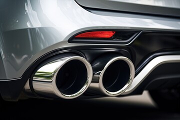 Detail of car s twin exhaust pipes