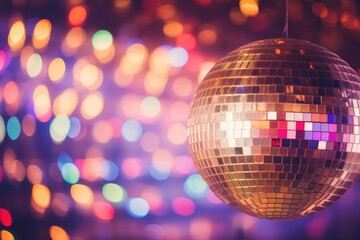 Disco ball lights at night club create colorful background with selective focus