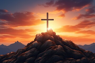 Easter symbol Cross against sunset mountain - obrazy, fototapety, plakaty