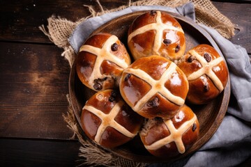 Easter hot cross buns on wooden background with copy space
