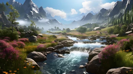 Foto auf Leinwand Beautiful panoramic landscape of a mountain river in the summer © Iman