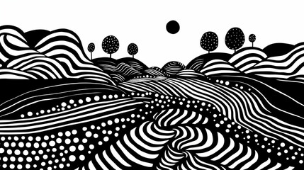 Black and white abstract ink drawing depicting a hypnotic landscape with dotted patterns, swirling lines, and stylized trees beneath a celestial sphere of a sun or moon. High quality illustration - obrazy, fototapety, plakaty