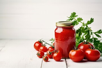 Fresh tomatoes and tomato paste in glass jar on wooden table - Powered by Adobe