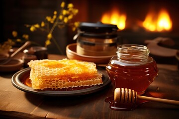 Fresh honeycomb and honey in a jar. Ai generative - obrazy, fototapety, plakaty