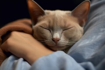 Girl gently pets sleeping Burmese cat