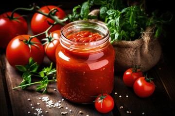 Glass jar with homemade tomato sauce tomatoes and herbs beside it - obrazy, fototapety, plakaty