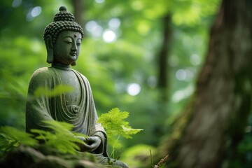 Green leaf foreground with standing buddha