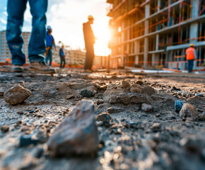 Sunset at construction site with workers and equipment. Concept of contracting, building sites and workers safety. Shallow field of view.