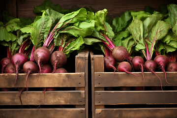 Organic beets with rich red bulbs and verdant leaves arranged in a wooden crate, showcasing natural textures and colors, perfect for a farm-to-market theme emphasizing whole, unprocessed foods and the