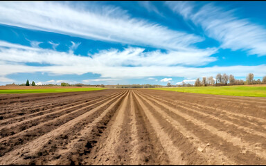 Furrows row pattern in a plowed field prepared for planting crops in spring
