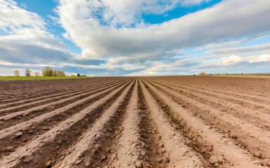 Furrows row pattern in a plowed field prepared for planting crops in spring