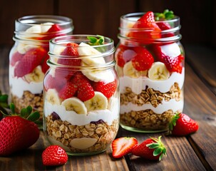 Healthy fruit parfaits in mason jars with a rustic wood backdrop