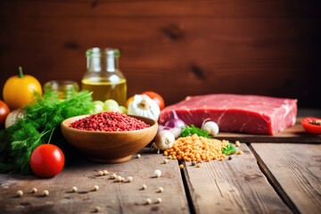 Healthy pet food consisting of natural ingredients like raw meat fish vegetables eggs and salad near a bowl of dry pet feed