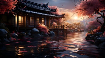 Beautiful japanese temple with red cherry blossom at sunset