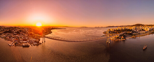 Panoramic view of Hercilio luz bridge with sunset light in Florianopolis, Brazil