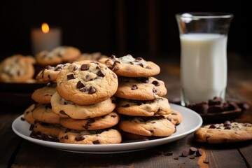 Homemade chocolate chip cookies on a wooden table with milk bottles in the background