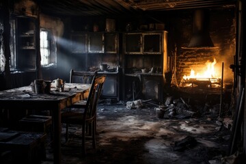 House interior destroyed by fire Burned kitchen furniture door with walls and ceiling charred in black soot
